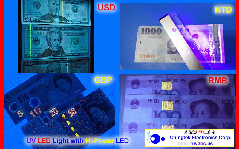 Glowing fibres / ink of Currency / Banknote showing under UV 365nm ultraviolet light.