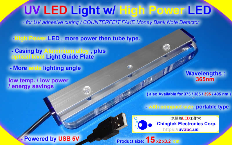 UV LED ultraviolet light Handheld module/lamp - USB K1 Series  (UVA 365/375/385/395/405nm) For Industrial Diagnostic & Inspection / UV curing system / 3D printing / Fluorescence check / adhesive curing - UV.Chingtek.net