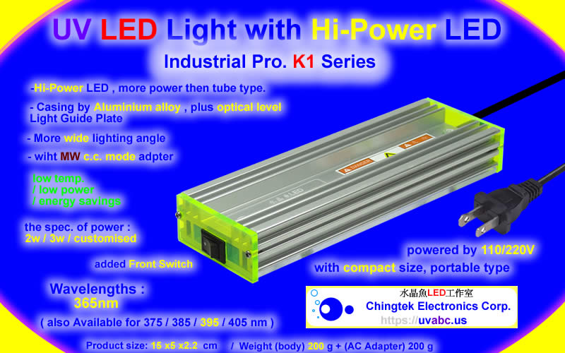 UV LED ultraviolet light Handheld module/lamp - Industrial Pro. K1 Series  (UVA 365/375/385/395/405nm) For Industrial Conformal Coating / UV curing system / 3D printing / Fluorescence check / adhesive curing - UV.Chingtek.net