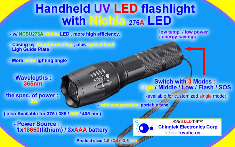 UV LED ultraviolet light Handheld module/lamp  - UV Flashlight Nichia Series - UV Flashlight Series (UVA 365/375/385/395/405nm) For Industrial Diagnostic & Inspection / UV curing / Fluorescence check / adhesive curing - Chingtek.net