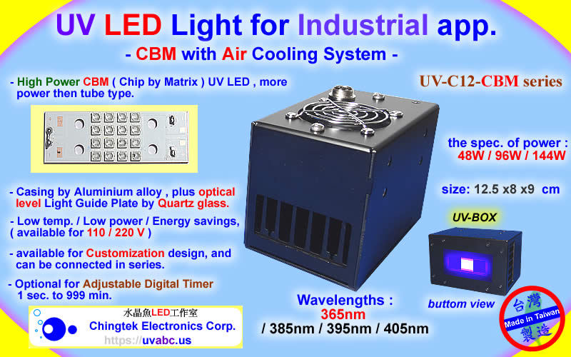 UV LED light ultraviolet module/lamp - CBM (UVA 365/385/395/405nm ) with Air Cooling System-100W-For Industrial Diagnostic & Inspection / 3D printing / Flatbed Printer / Fluorescence check
