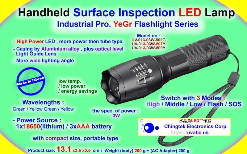 Handheld Surface Inspection LED Lamp / Flashlight for Sticky dust particles, slight scratch on LCD screen, micro engraving mold, semiconductor, wafer and coating - Chingtek.net