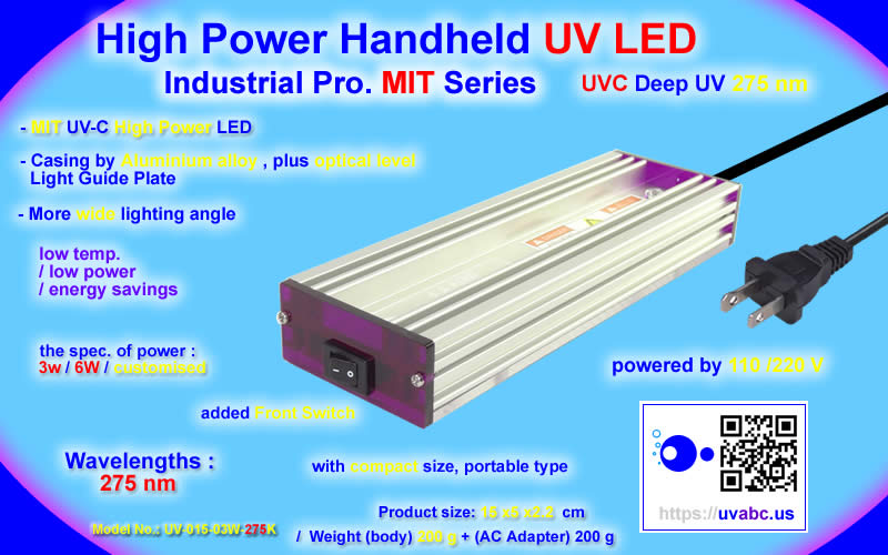 UVC deep UV LED ultraviolet light Handheld module/lamp - Industrial Pro. MIT Series (UVC 275 nm) For disinfection/sterilization, protein analysis, DNA sequencing, drug discovery, optical Imaging and sensing of inks, dyes and markers. - Chingtek.net